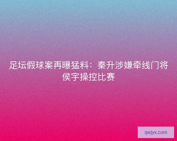 足坛假球案再曝猛料：秦升涉嫌牵线门将侯宇操控比赛